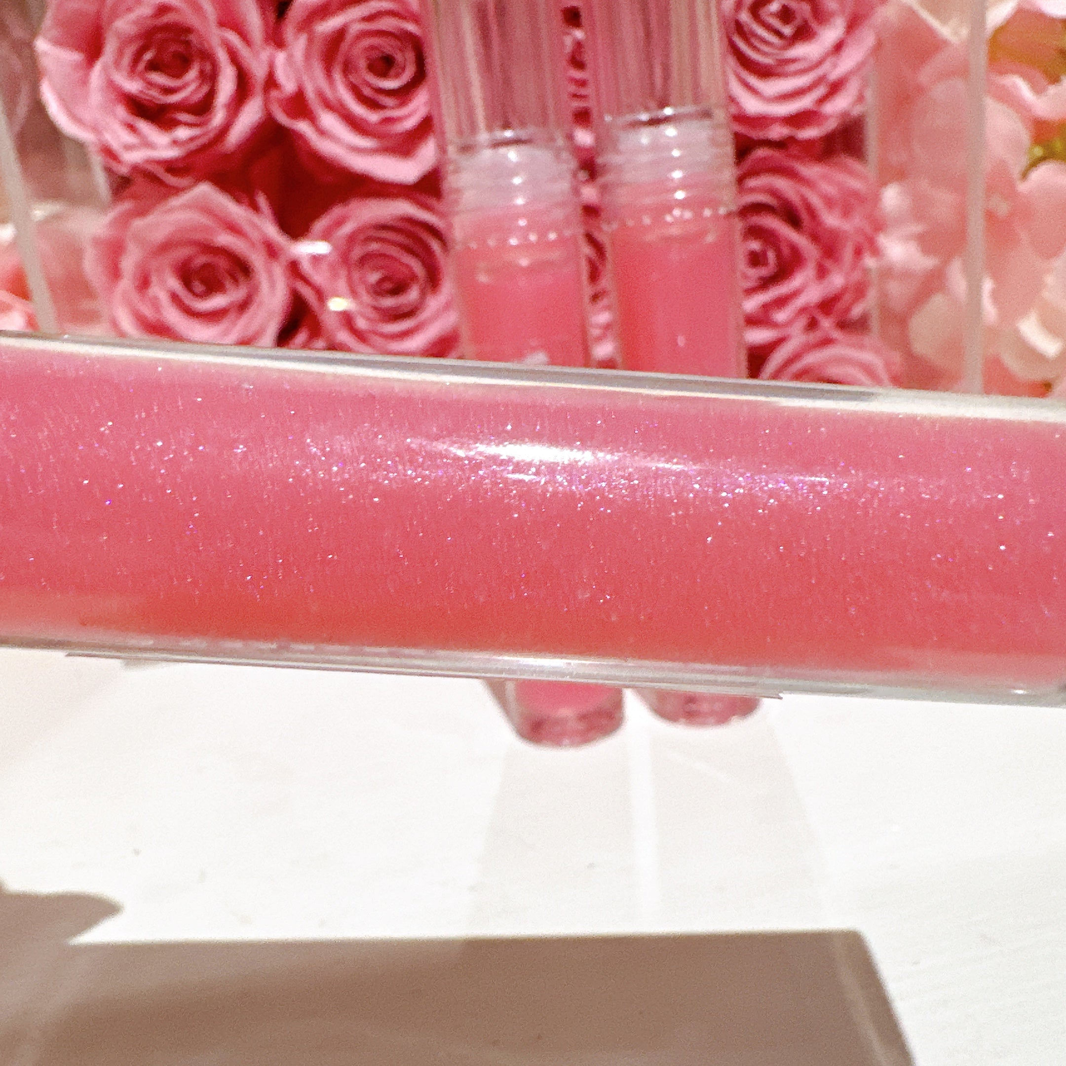 Princess pink lipgloss, pink glitter strawberry scented lipgloss, high shine lipgloss